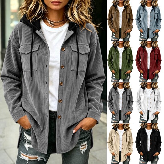 Women's Solid Corduroy Hooded Jacket, Button Front Long Sleeve Open Coat with Chest Flap Pockets Casual Outerwear Gray XL(XL)