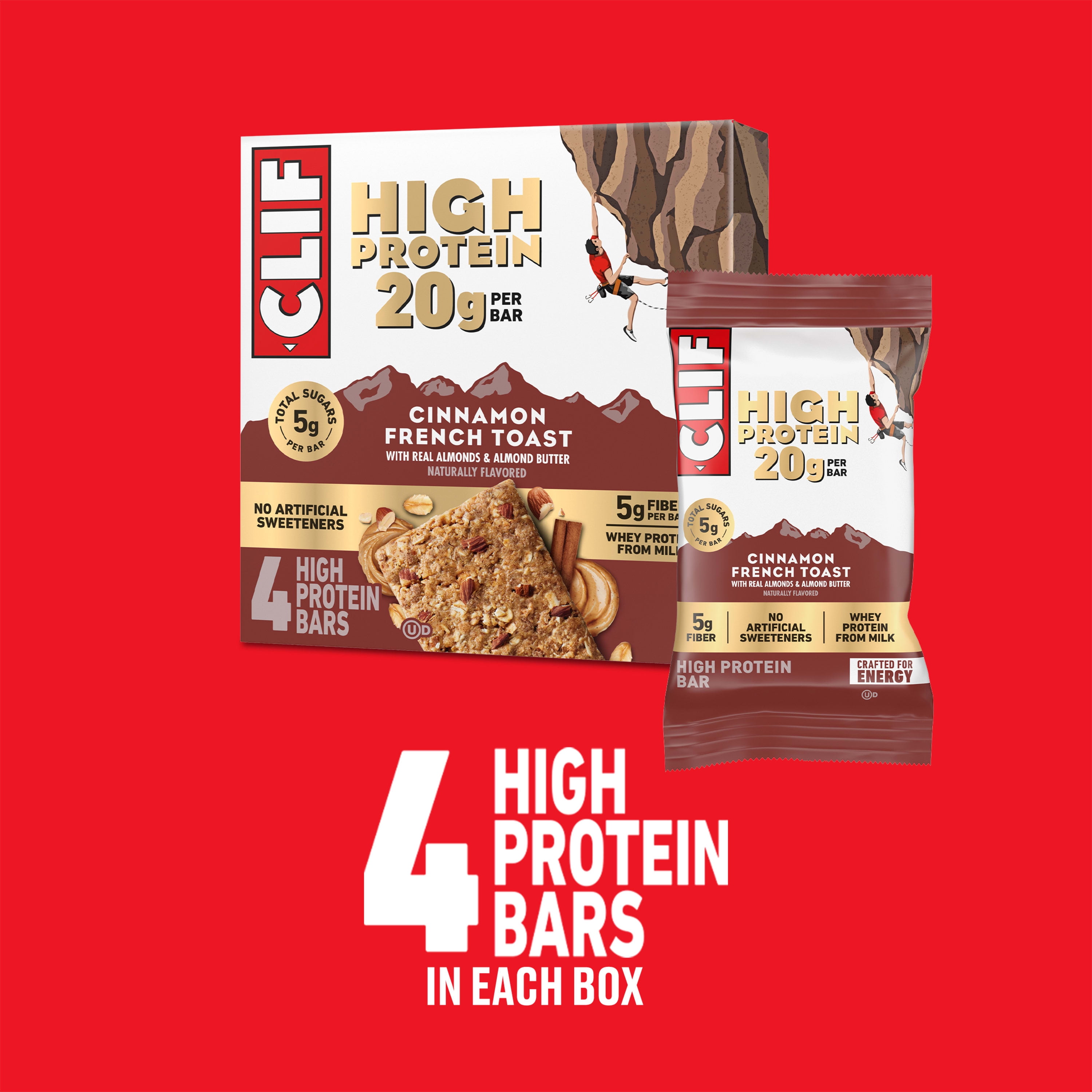 CLIF HIGH PROTEIN Bars - Cinnamon French Toast - 20g Protein - 5g Fiber - Non-GMO (4 Count)