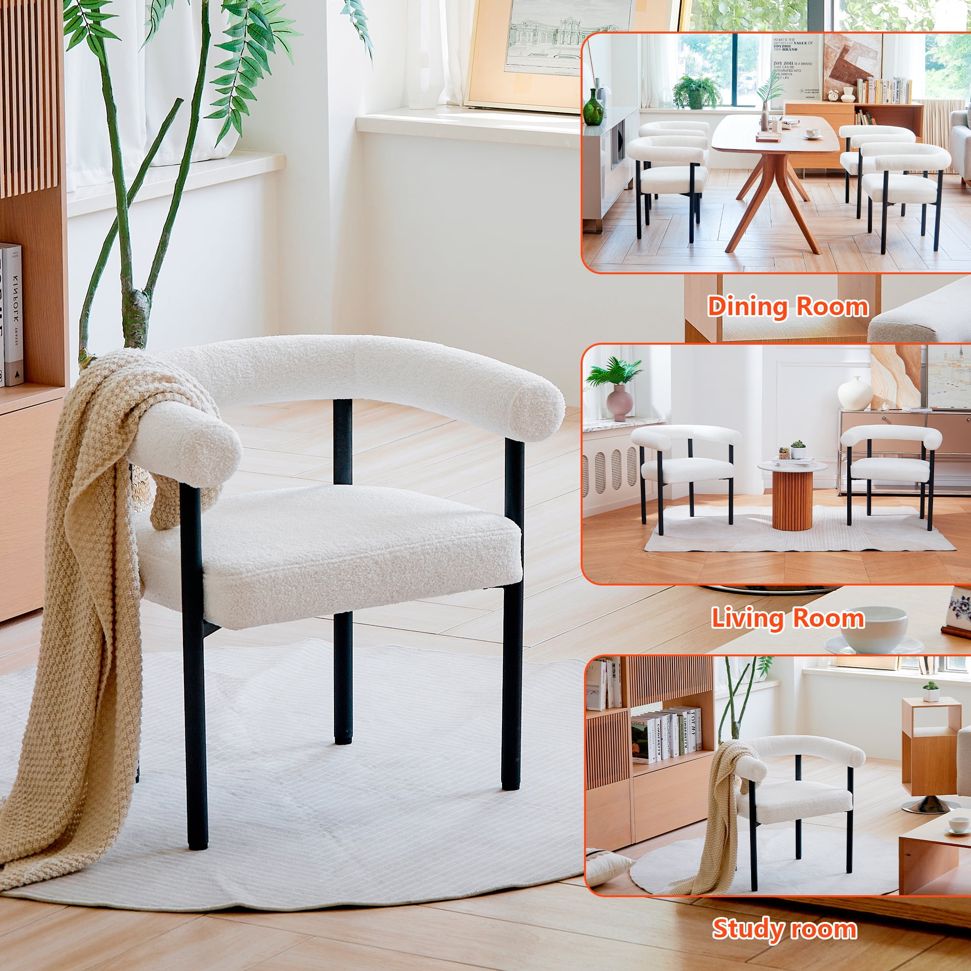 TrumanPick Modern Boucle Dining Chair, Upholstered Dinner Sherpa Chairs with Metal Legs&Curved Backrest for Kitchen, White