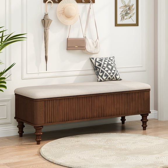 CQSXDA 50.8-Inch Multi-Functional Storage Ottoman Bench In Solid Rubberwood With Linen Seat For Bedroom And Entryway
