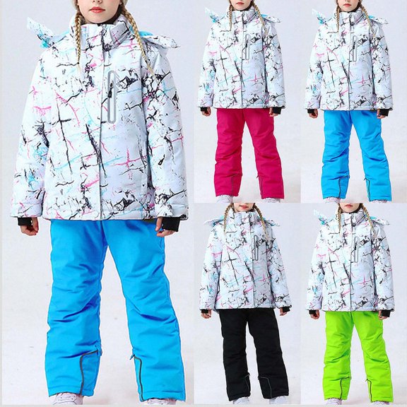 Afuyipoi Kids Ski Suit Set Waterproof Fleece-Lined Jackets and Warm Snow Pants Blue 4T