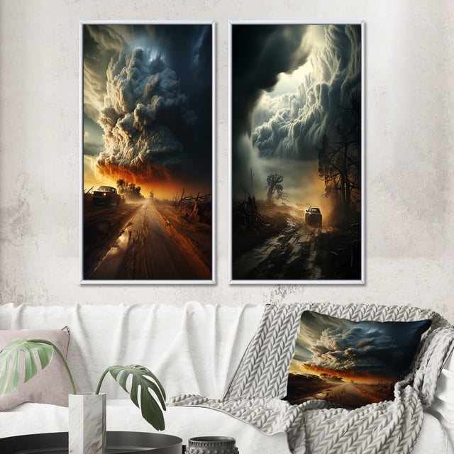 Designart "Storm Raging SPIRAL II" Storms Framed Wall Art Set Of 2 - Grey Landscapes Framed Canvas Set For Living Room Decor