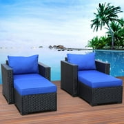 Rattaner Patio Furniture Sectional Sofa 4 Pieces, Outdoor Wicker Furniture Set Armrest Chairs Ottomans with Royal Blue Cushions and Furniture Covers, Black Rattan