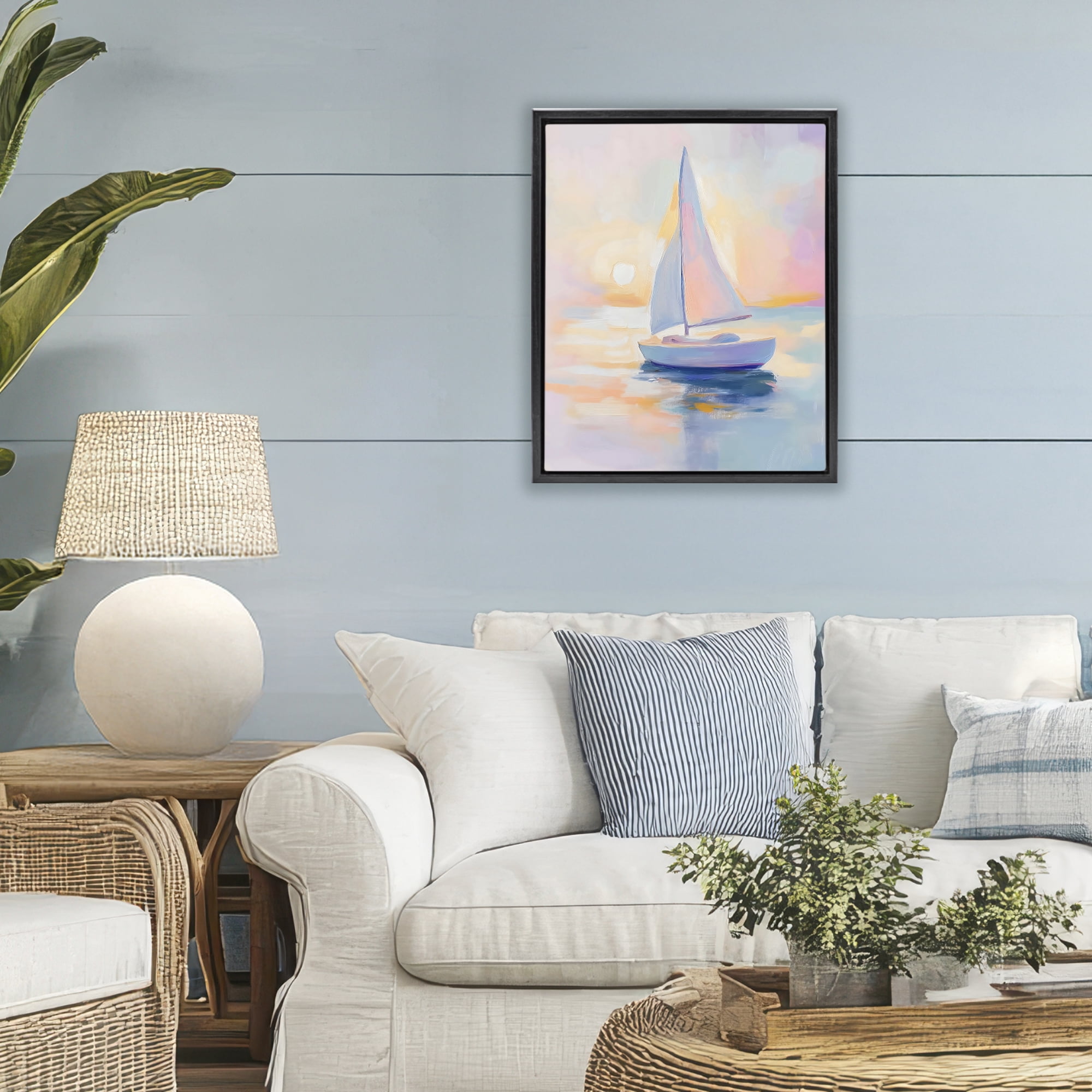 Stupell Industries Pastel Sailboat Toward Pink Horizon Black Framed Floater Canvas Wall Art, design by The Prints Vibe