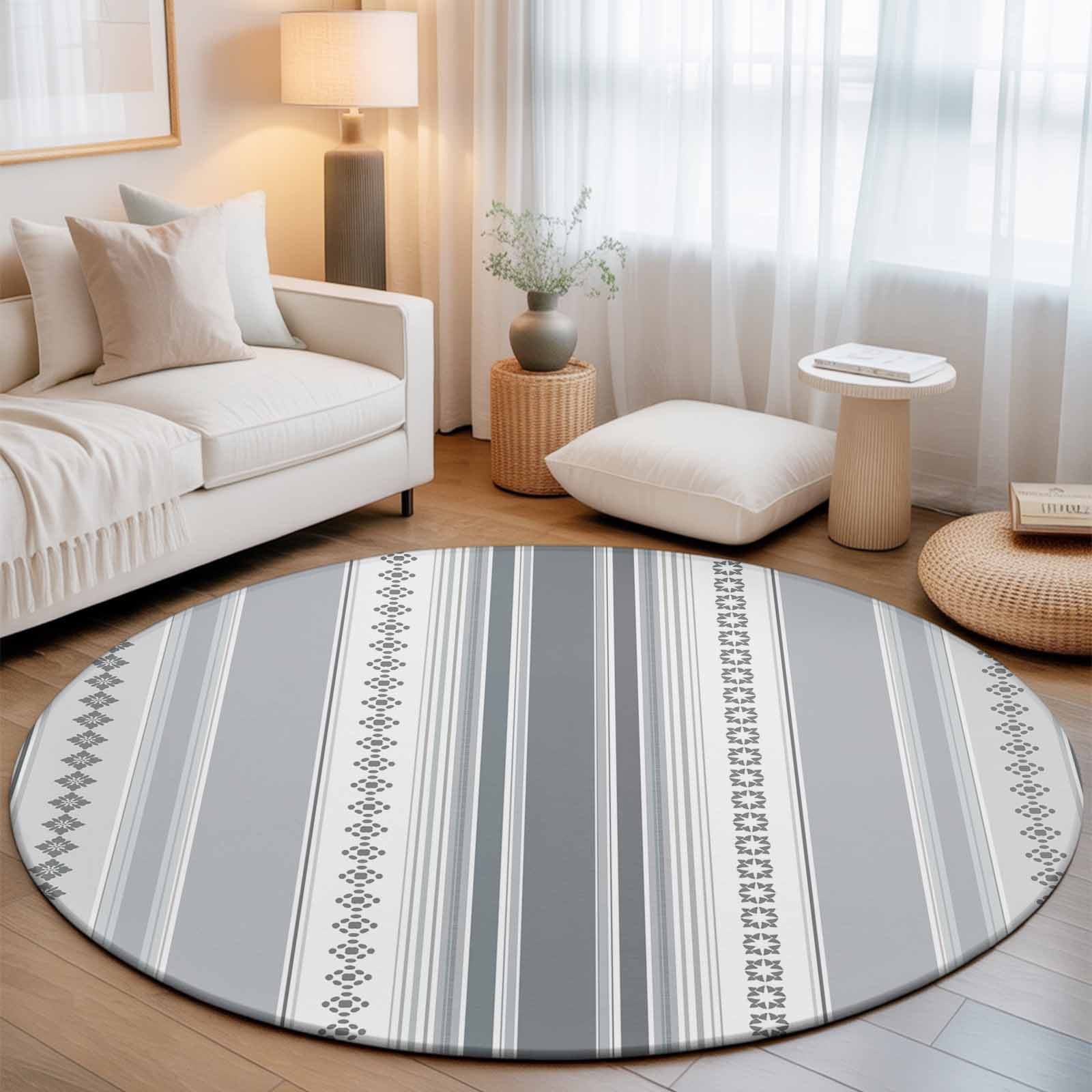 Washable Round Area Rug Boho Sriped White Gray Lines Modern Stripes Circle Rugs Floor Carpet for Living Room Bedroom Geometric Art Soft Non Slip Round Rug 3ft