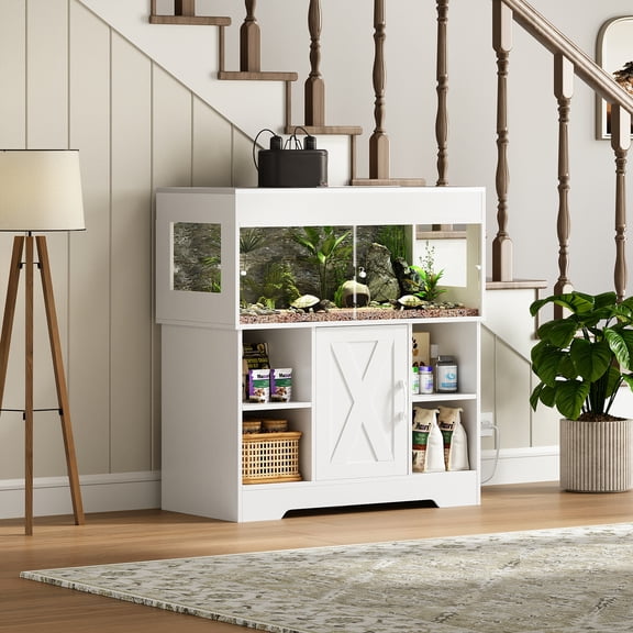Herture 40 Gallon Reptile Terrarium Tank with Storage Cabinet, Reptile Tank with Stand, for Leopard Geckos, Corn Snakes, Juvenile Pets, Sliding Acrylic Doors, Mesh Top, Power Outlet, White PX03RTW