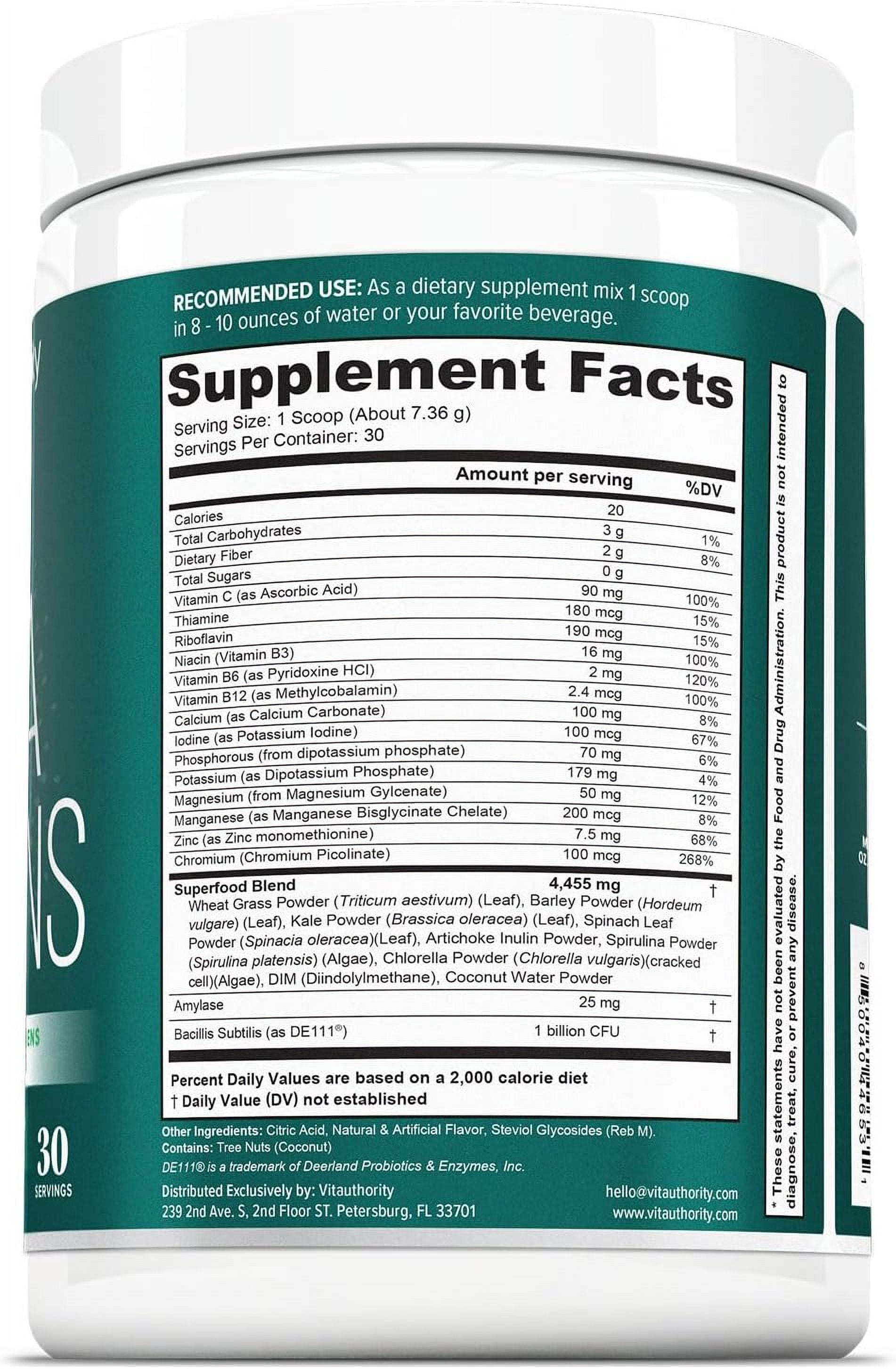 Vitauthority Vita Greens Superfood Dietary Supplement Powder, Daily Multivitamin, Gut Health & Immune Support Blend, Lemon Mint, 30 Servings