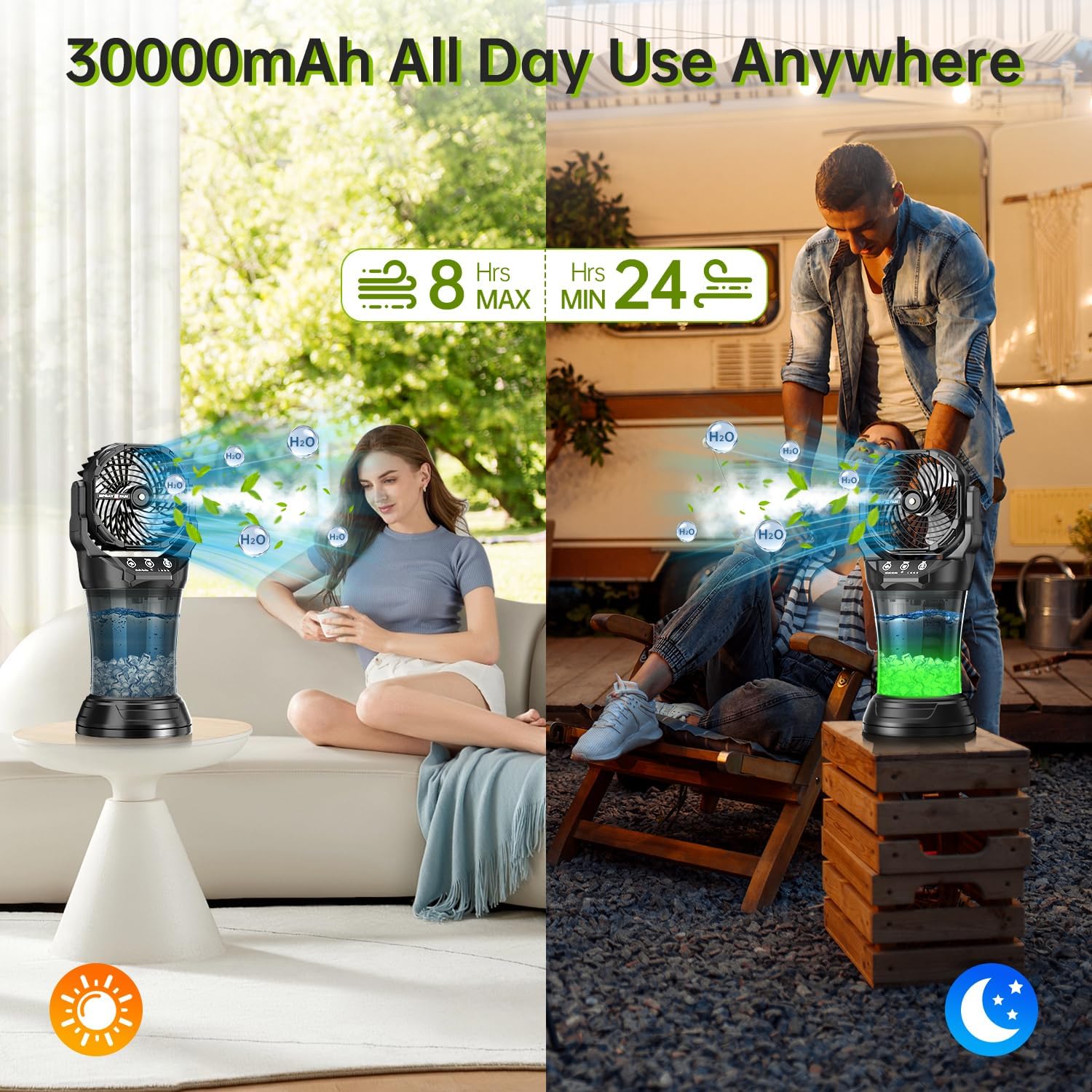 30000 mAh Portable Misting Fan with RGB Ambient Light, 2000 mL Water Tank Bucket Rechargeable Camping Mist Fan with 120 Auto Oscillating Perfect for Patios Fishing Travel Garden Party Golf Tent