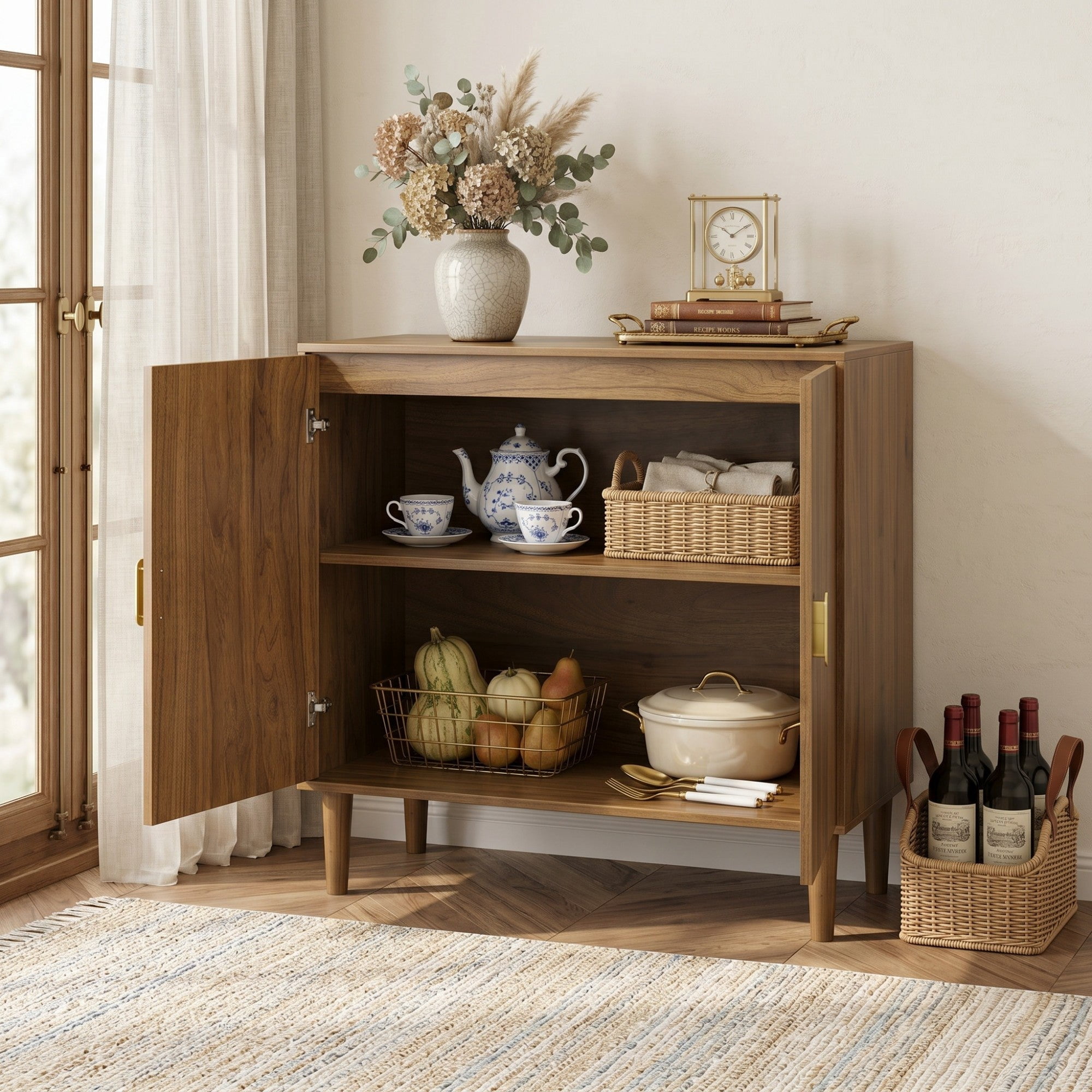 Sailvan Wood Buffet Cabinet, Line Groove Design, 2-Door Storage Sideboard