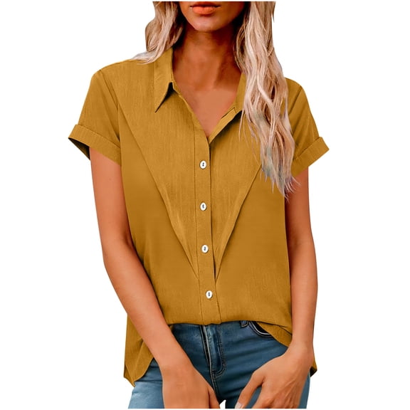QNANSPI Short Sleeve Shirts for Women, Womens Casual Blouses, Women's Button Down Collar Short Sleeve Blouse Solid Color Button Detail Casual Daily Top