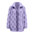 thumbnail image 6 of Women's Jacquard Check Plush Jacket, Stand Collar Full Zip Front, Loose Fit Fleece Coat, Long Sleeve Casual Outerwear, Soft Textured Winter Style Light Violet L, 6 of 6