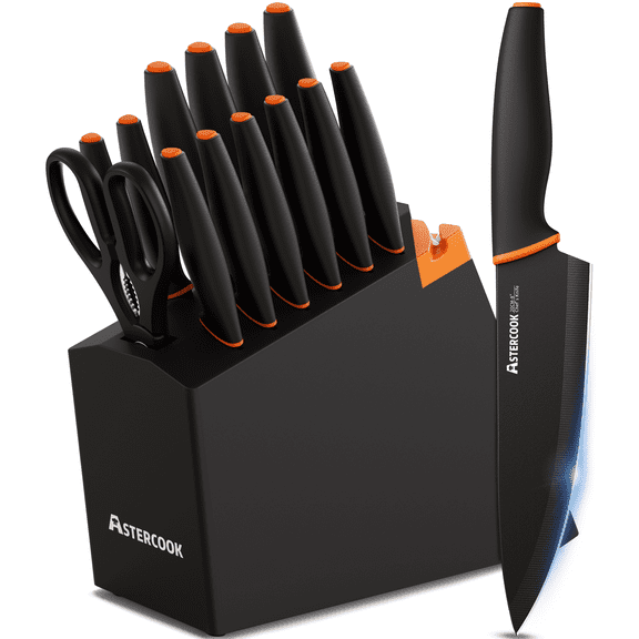 Astercook 14-Piece Kitchen Knife Set with Block, High Carbon German Stainless Steel, Built-in Sharpener, Dishwasher Safe, Black