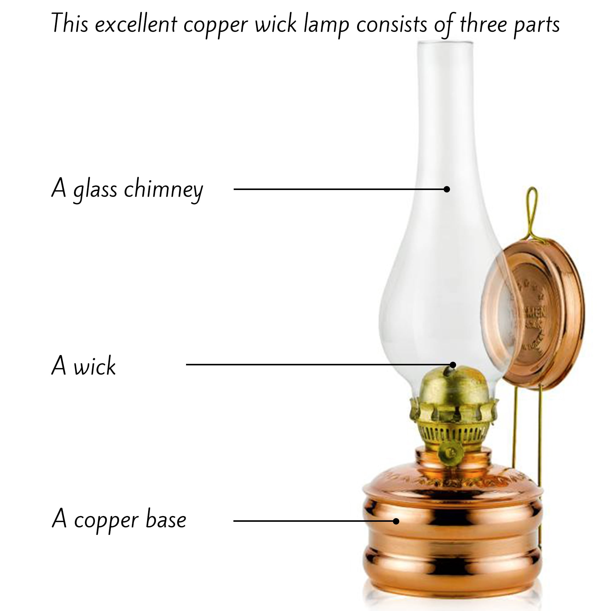 Handmade Traditional Copper Oil Lamp with Glass Chimney, Vintage Kerosene Lantern, Antique Oriental Wick Lamp for Lighting and Décor, Rustic Glowing Fire Design, Decorative Gift, Wall Mount, Large