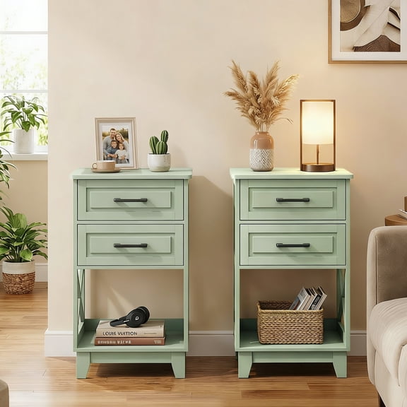 Heynemo Paint Night Stand Set of 2, Modern Tall Bedside Table with 2 Drawers and Open Shelf Below