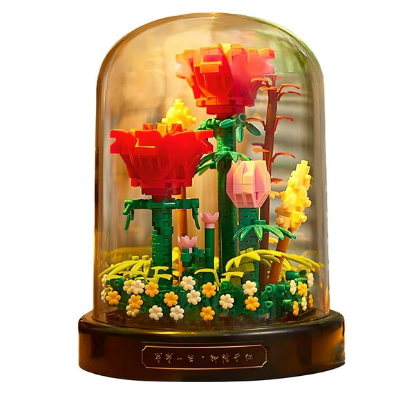 Flower Bouquet Building Kit,593 PCS DIY Red Rose Bonsai Tree Set with Display Cover, Botanical Building Blocks for Adults,Valentine's Day Gifts,Birthday,or Anniversary Gift for Wife,Girlfriend,or Mom