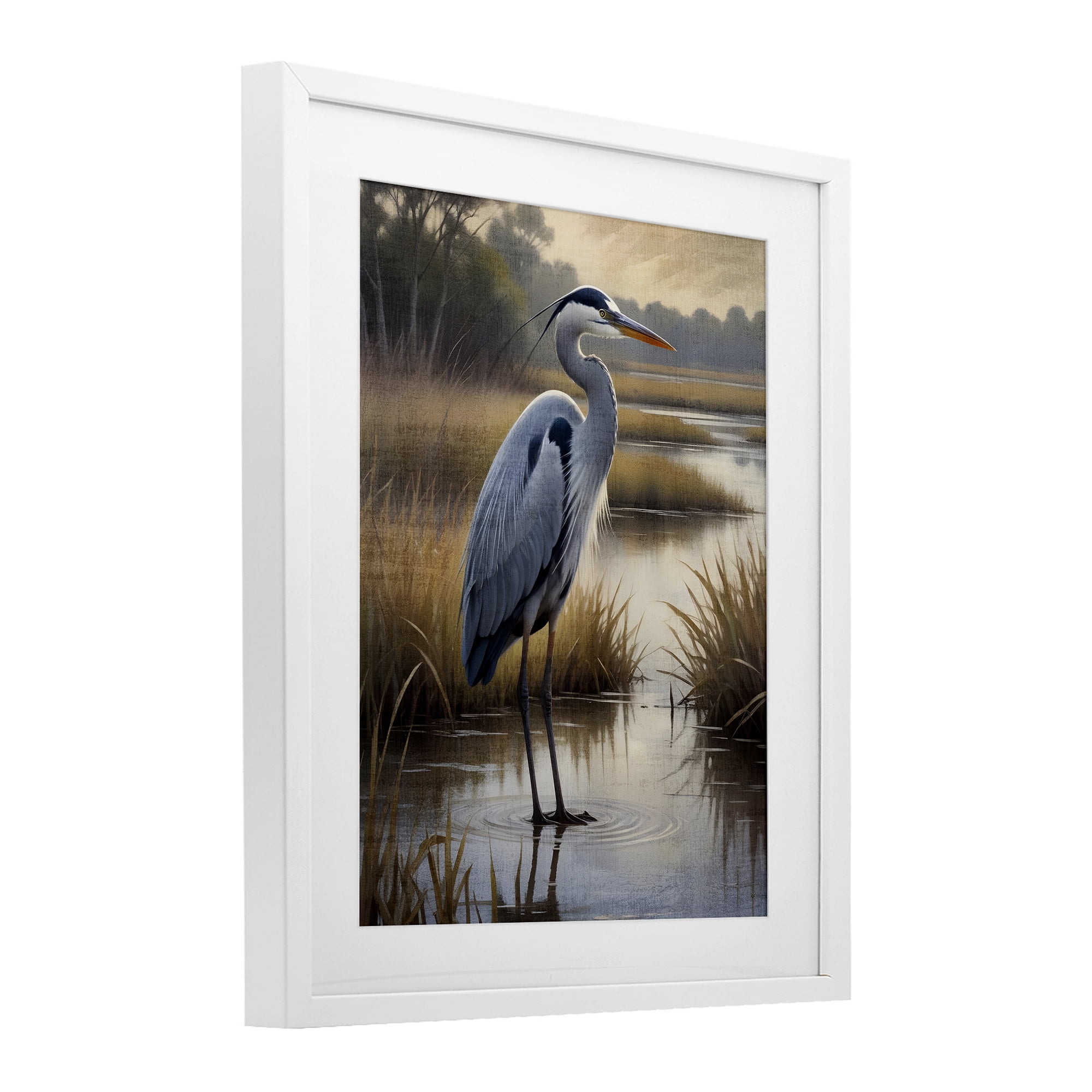 Stupell Industries Heron in Serene Marshlands White Framed Print Under Glass, design by Susan Arnot