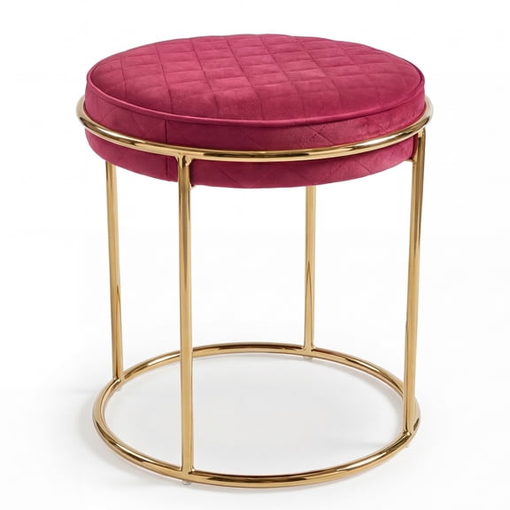 Cortesi Home Lancaster Round Ottoman in Pink Velvet and Brushed Gold Base