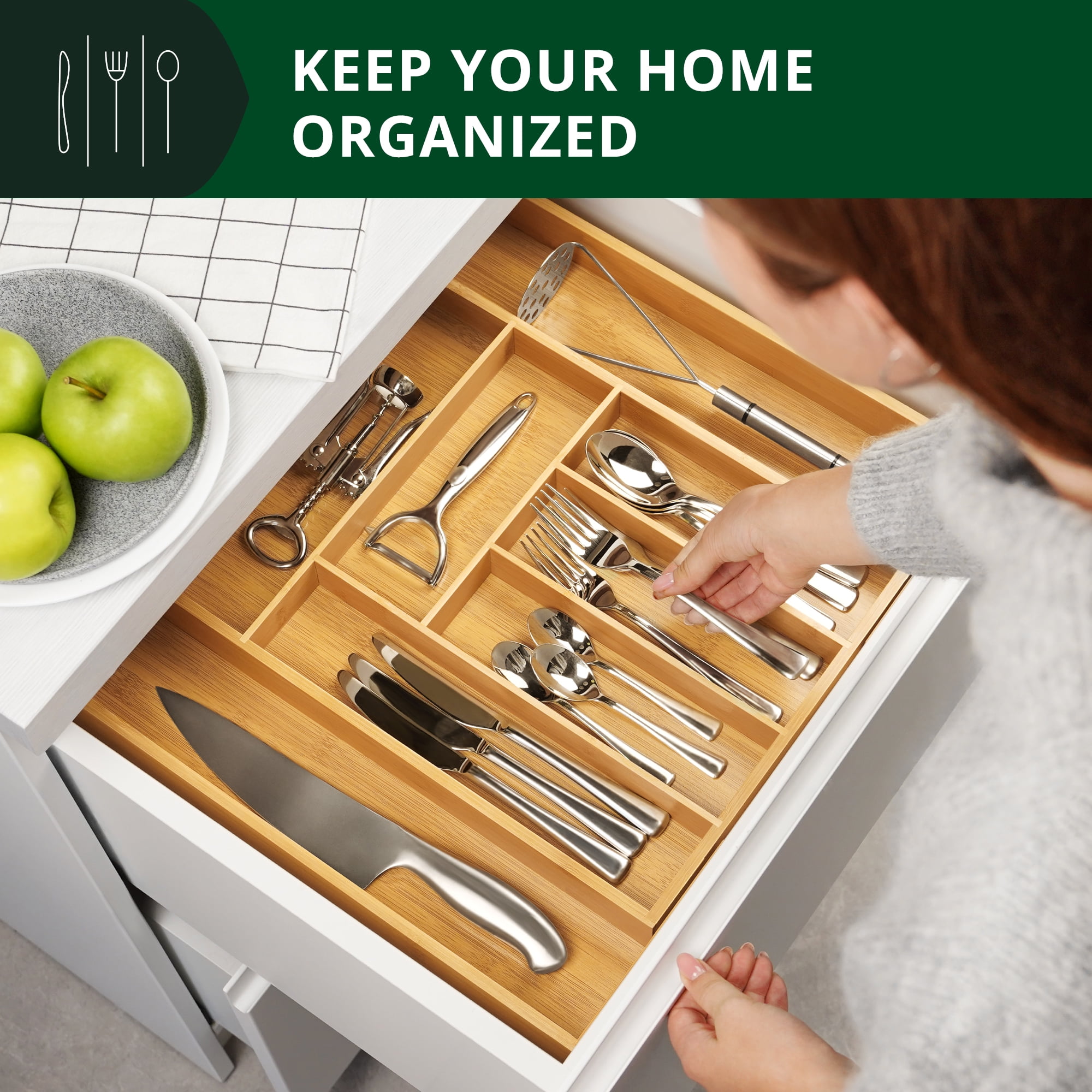 Royal Craft Wood Bamboo Kitchen Drawer Organizer – Expandable Silverware Holder, Utensil & Cutlery Tray with Knife Storage – Office & Desk Drawer Organization (6–8 Slot, Natural)