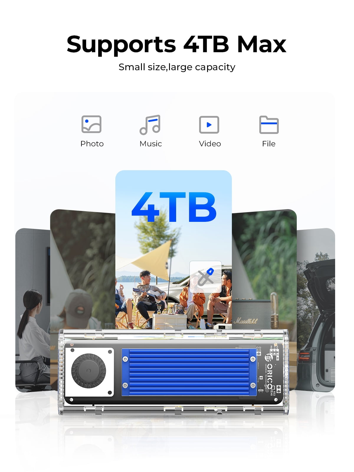 ORICO M.2 Enclosure NVMe 20Gbps Transparent External M.2 Enclosure Max 4TB USB C to M.2 NVMe SSD Enclosure Adapter for M Key, Built-In Fan, Support UASP Trim,with Storage Bag