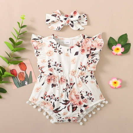 

Girls Jumpsuits Romper Toddler Kids Fly Sleeves Floral Lace Romper Jumpsuit Hairband Set Cloths