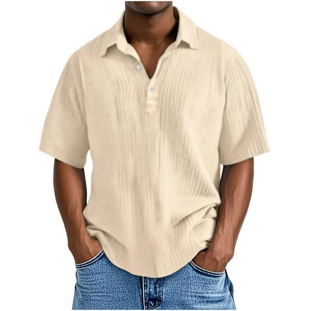 Dagugfen Tops for Men Plus Size Button Lapel V Neck Loose Solid Color Casual Work Short Sleeve Tee Shirts