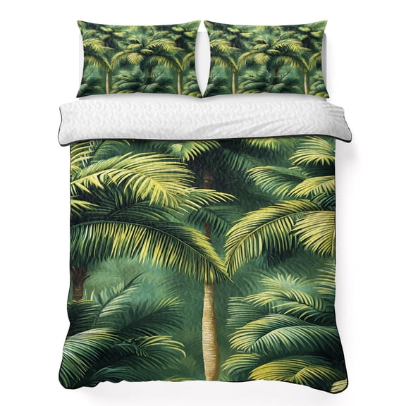 King Quilt Set 96''x106'', Summer Palm Tree Lightweight Bedspread Coverlet Set with 2 Pillow Shams, Nature Green Tropical Plant Leaves Breathable All Season Quilt Bedding for Bedroom/Guest Room