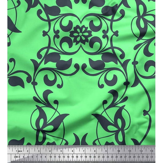 Soimoi polyester Crepe Fabric Leaves & Filigree Damask Decor Fabric Printed Yard 42 Inch Wide