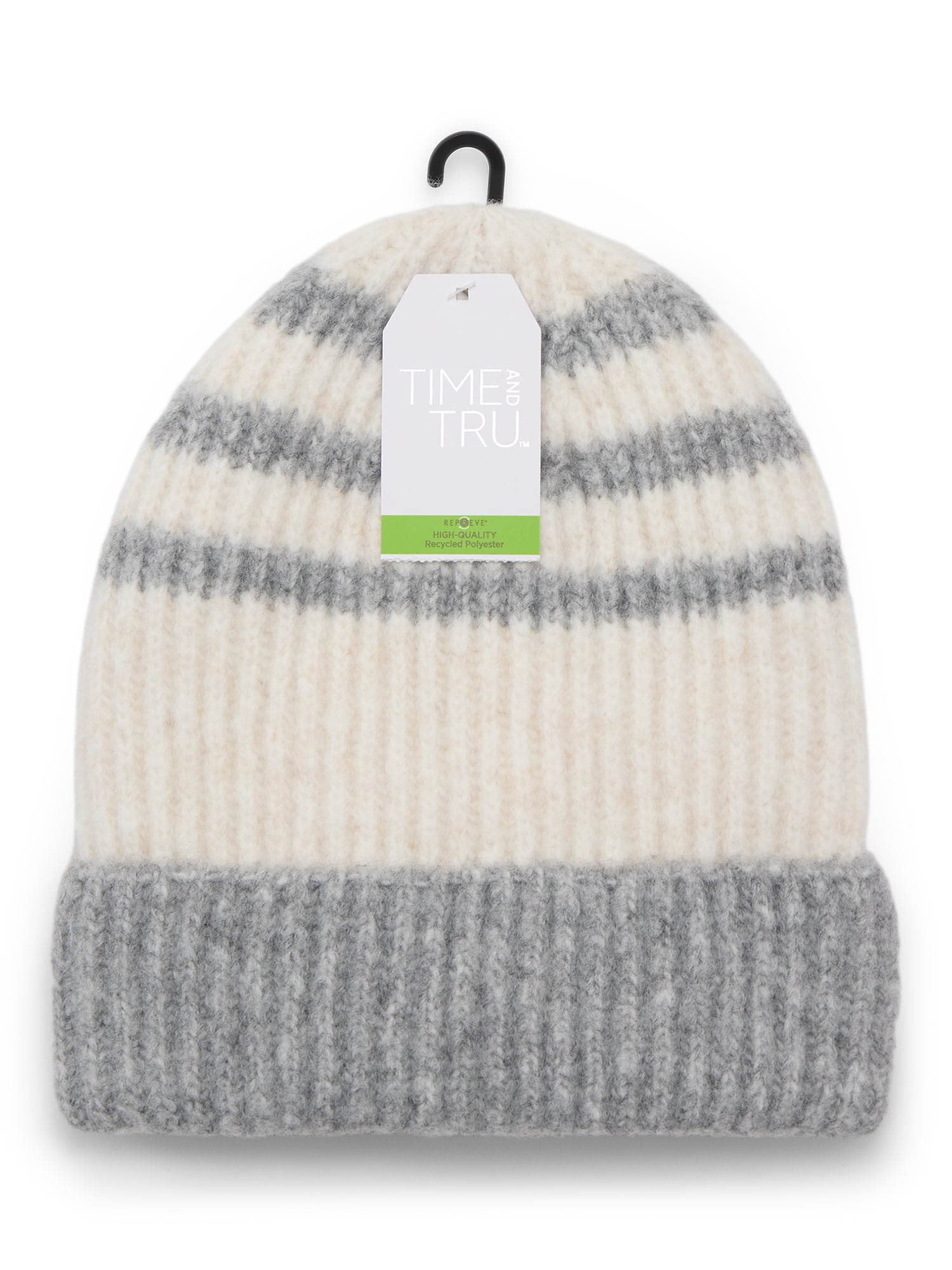 Time and Tru Women's Sporty Stripe Beanie, One Size Fits Most, Grey Combo