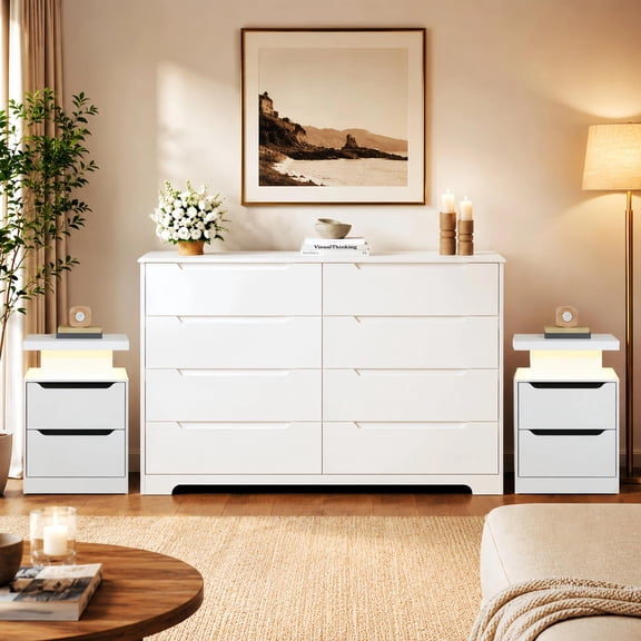 Bedroom Furniture Set, Gizoon 3 Pieces Dresser and Nightstands Set - includes One 8 Drawer Dresser and Two Nightstands with Charging Station, White Wooden Top
