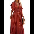 thumbnail image 3 of Vestido Informal de Verano para Mujer, Maxivestido con Volantes y Botones, Estilo Bohemio, Túnica Larga. Naranja Rojo Talla Única, 3 of 8