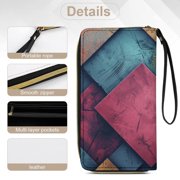 Womens Wallet Bifold Ladies Cluth Bag Wristlet Wrist Strap Long Purse Colorful Grid Design