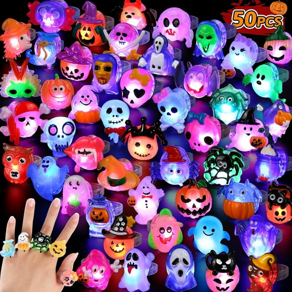 50PCS 3D Light-Up Halloween Rings - Bulk LED Flashing Toys for Kids, Glow in The Dark Party Favors, Non-Candy Treats, Goodie Bag Fillers & Party Supplies Decorations
