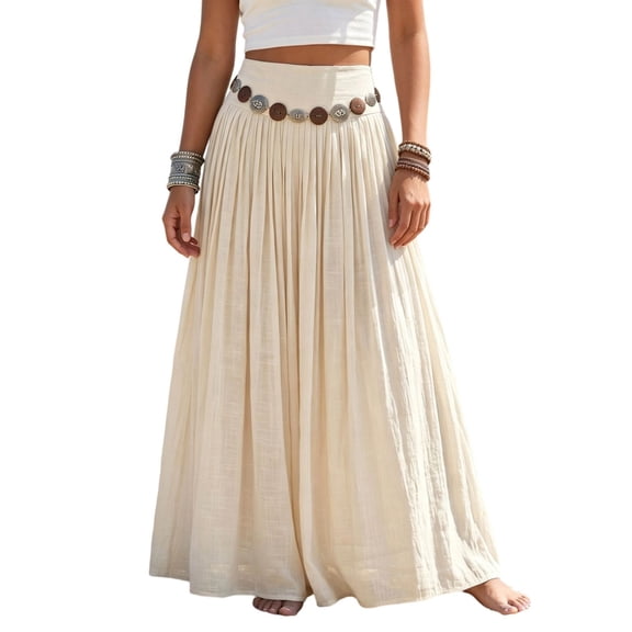 Lmueinov Womens Boho Maxi Skirts with Waist Chain Flowy Cotton Linen High Elastic Waist Skirts for Women A Line Beach Long Skirts