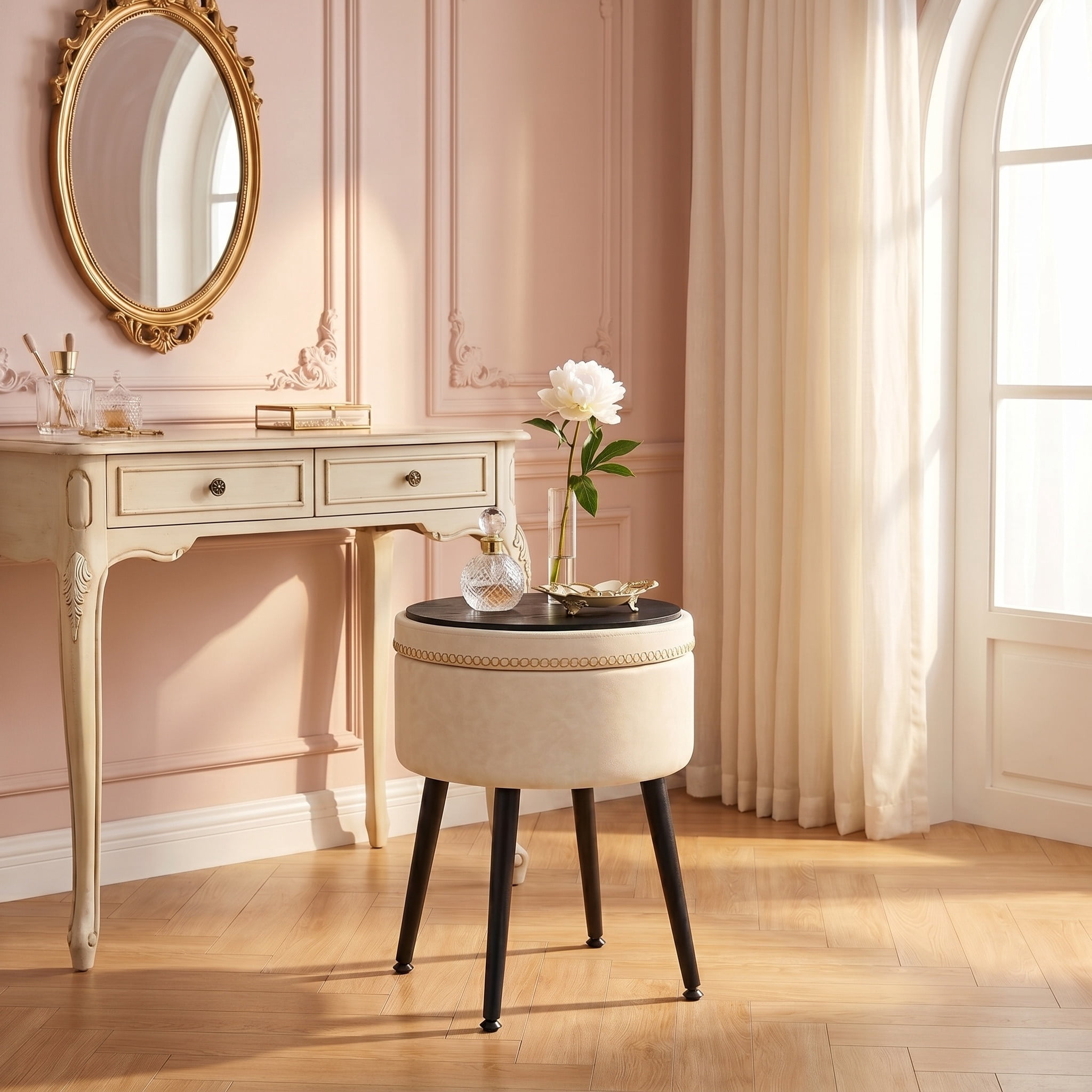 Nordic Hygge Round Storage Vanity Stool, Cream White