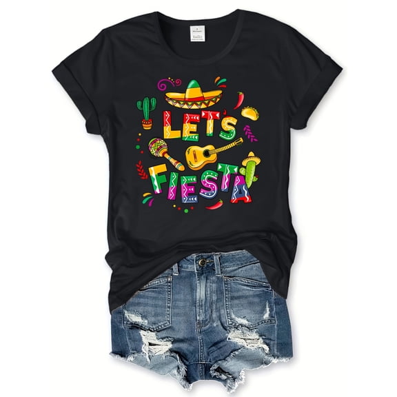 Let's Fiesta Cinco de Mayo Graphic T-Shirt for Women, Colorful Mexican Party Theme Short Sleeve Tee, Retro Summer Casual Top with Sombrero and Guitar Design