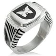 thumbnail image 1 of Stainless Steel Butterfly Free Spirit Coat of Arms Shield CZ Ribbed Needle Stripe Pattern Biker Style Polished Ring, 1 of 1