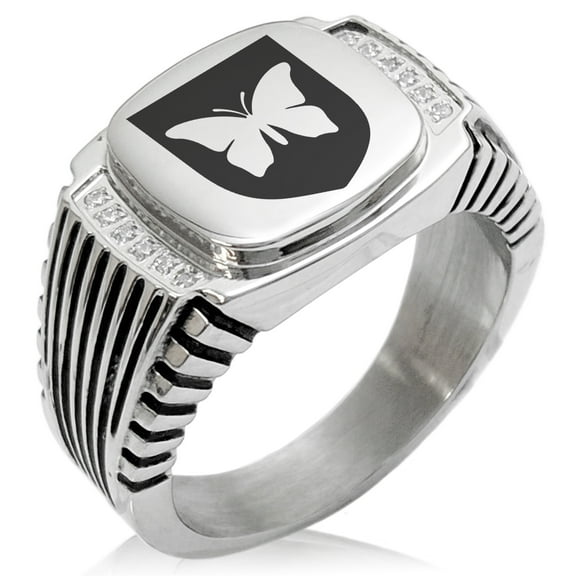 Stainless Steel Butterfly Free Spirit Coat of Arms Shield CZ Ribbed Needle Stripe Pattern Biker Style Polished Ring