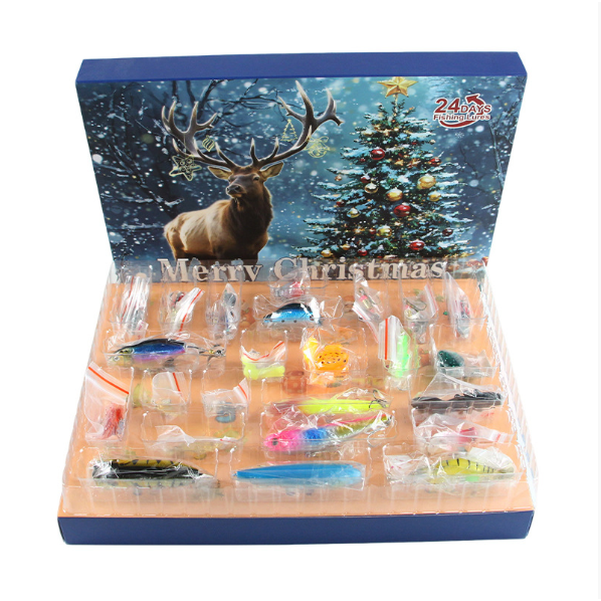 Mosiee 24Pcs Lake Blue Fishing Lure Kit Holiday Present Box Soft Baits Spinner Frogs