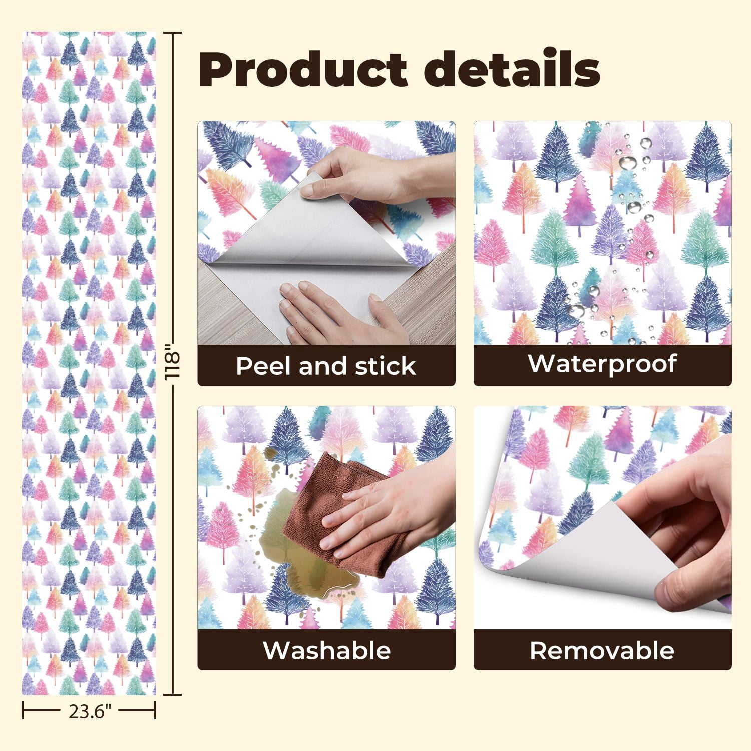 Peel and Stick Wallpaper 23.6in x 9.8ft Watercolor Pastel Trees Seamless Whimsical Contact Paper Vinyl Waterproof Self Adhesive Wall Paper for Bedroom Shelf Cabinet Renter Friendly