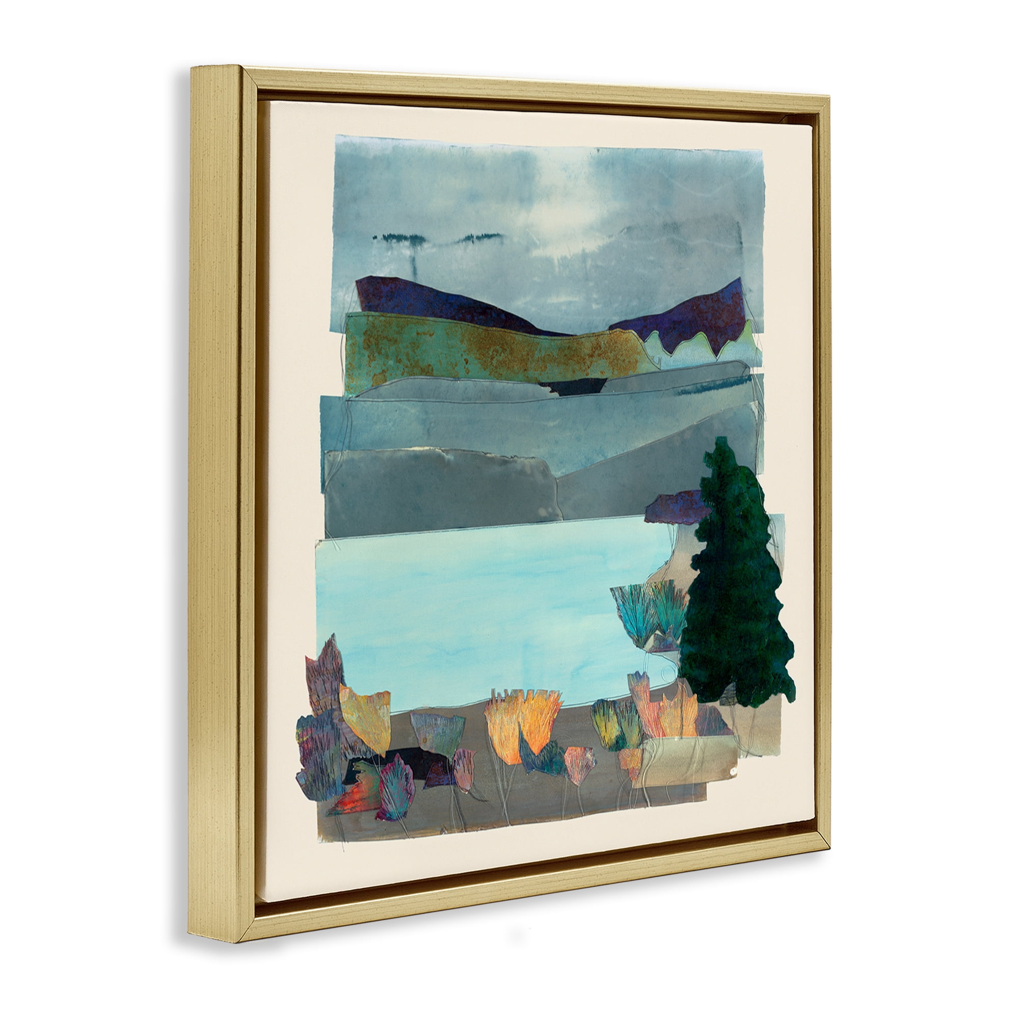 Stupell Industries Abstract Lake View Scene Abstract Painting Gold Floater Framed Canvas Art Print Wall Art, 18 x 18