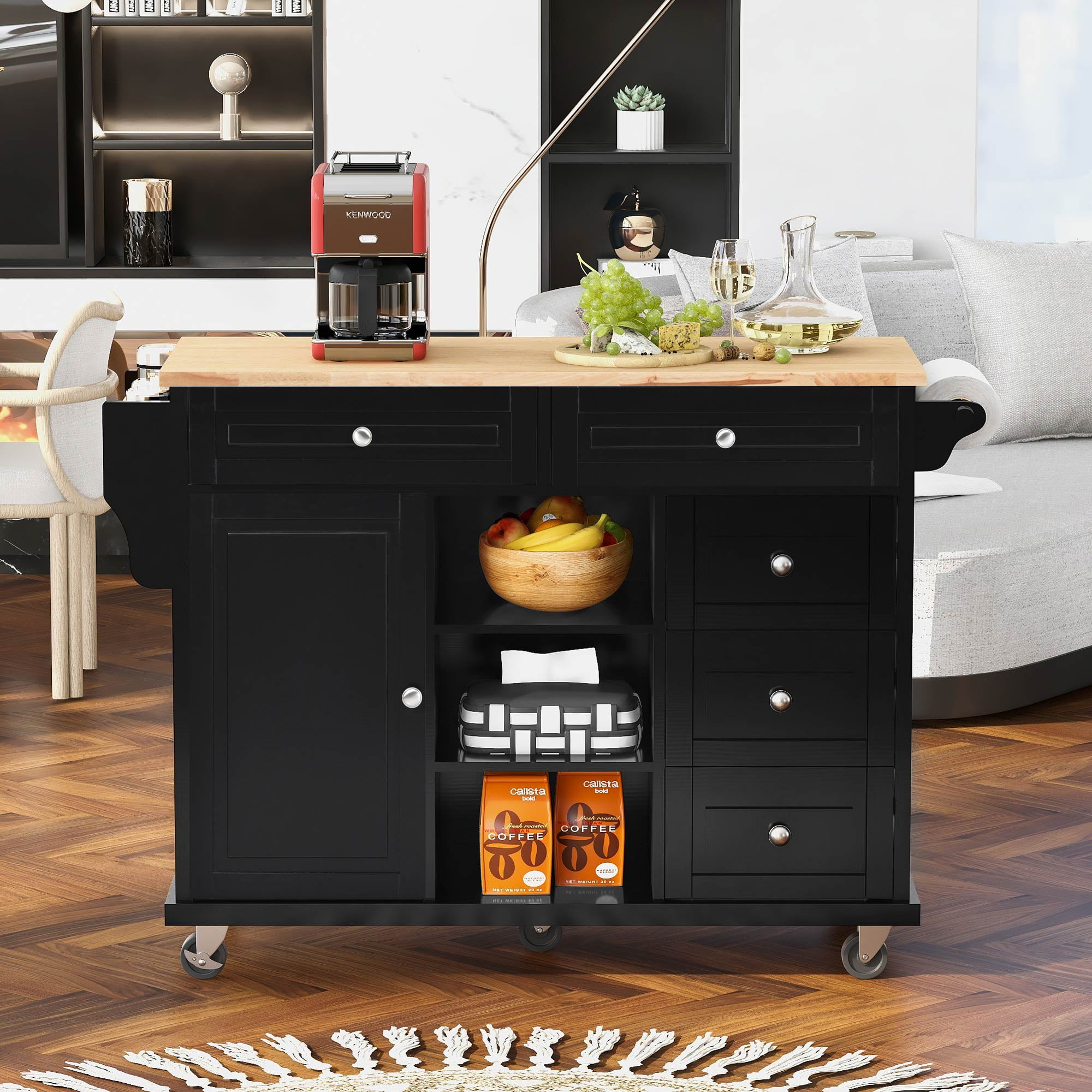 LUMISOL Mobile Kitchen Island Cart for Kitchen, Rolling Kitchen Island on Wheels for Living Room with Large Storage Cabinets, Buffet Cabinet Storage
