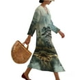 thumbnail image 3 of COEQINE Midi Dress for Women 3/4 Sleeve Wrap V-Neck, Loose Fit Boho 2026 Shift Dress Beach Cover Up with Linen Look, Machine Washable, Size M, Ink Pine Tree Mountain, 3 of 6
