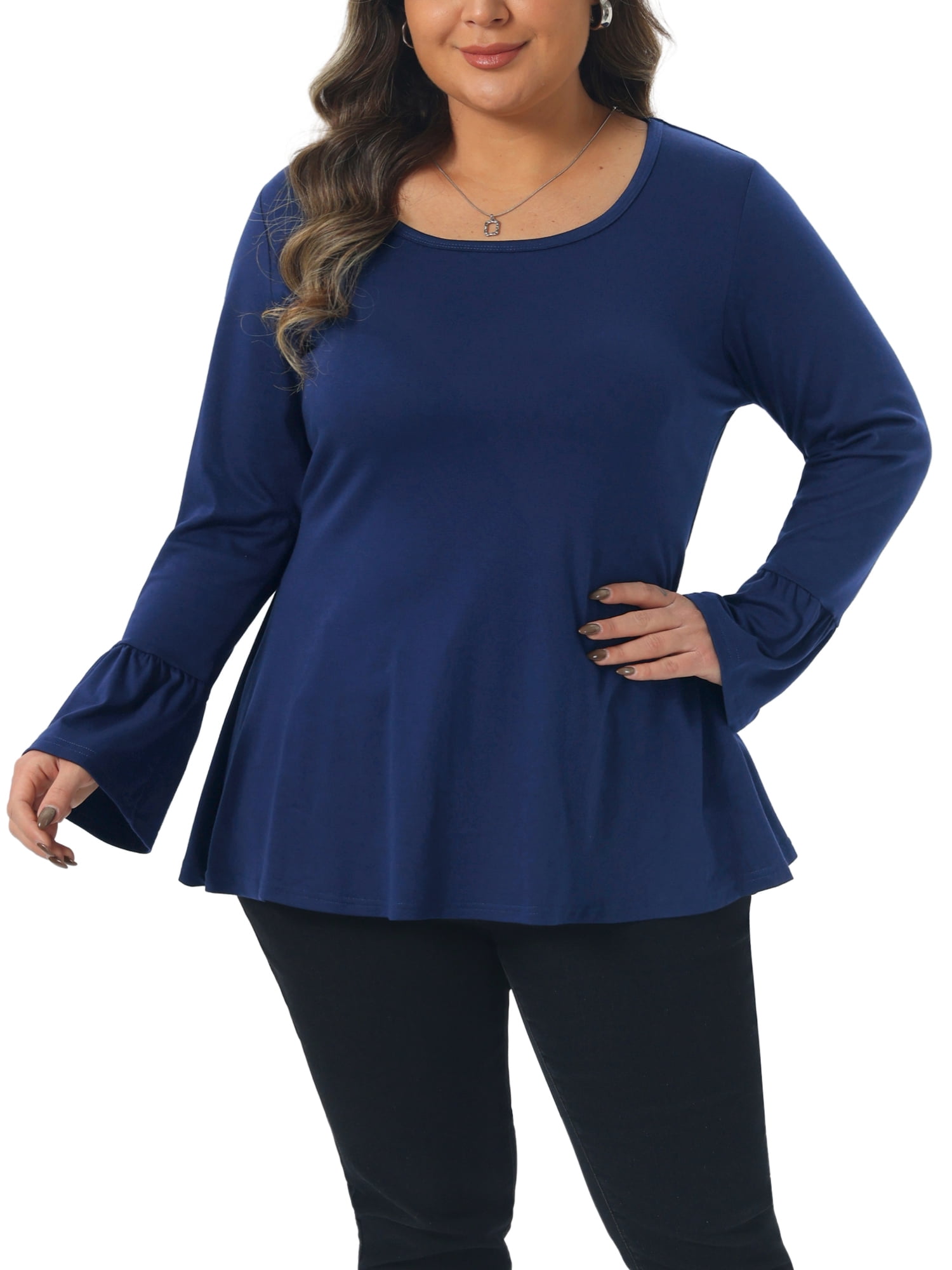 DARING DIVA Women's Plus Tops Crew Neck Bell High Low Hem Blouses 2X Dark Blue