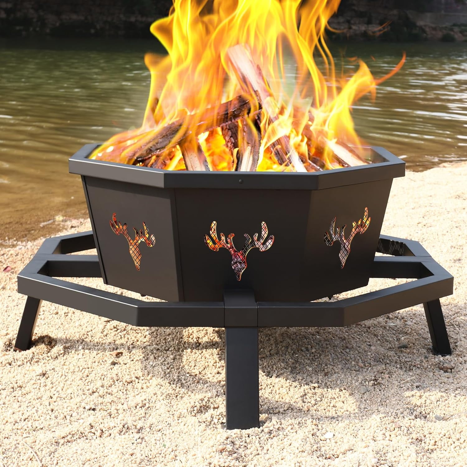 Meteorleg 35 Inch Octagonal Fire Pit,Outdoor Fire Pit,Wood Burning Firepit,Bonfire Fire Pit,Firepits for Outside,Camping, Backyard, Patio,Bonfire