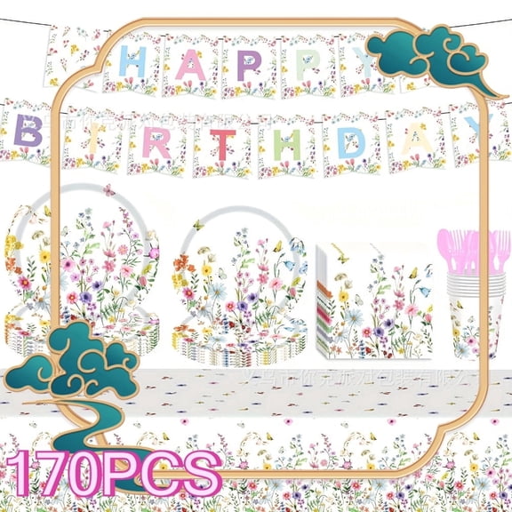 170pcs Wildflower Birthday Party Supplies Set, Floral Plates, Napkins, Cups, Cutlery, Tablecloth, Banner, Perfect for Spring Floral Baby Shower Birthday Party Decorations, Serves 24 Guests