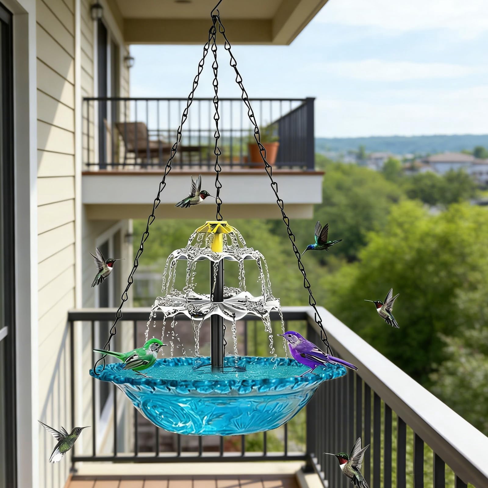 Solar Cascade Hanging Bird Bath Fountain, 2026 New Outdoor Outdoor Hanging Bird Bath with Solars Pump & Glass Bowl, Large Humming Birds Baths Fountains for Garden, Patio, Lawn Decor
