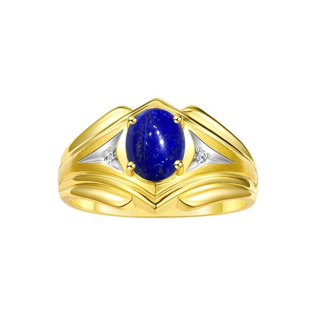 RYLOS Men's Rings 14K Yellow Gold Rings Classic Designer Style 9X7MM Oval Gemstone & Diamond Ring Lapis September Birthstone Rings For Men Size 8