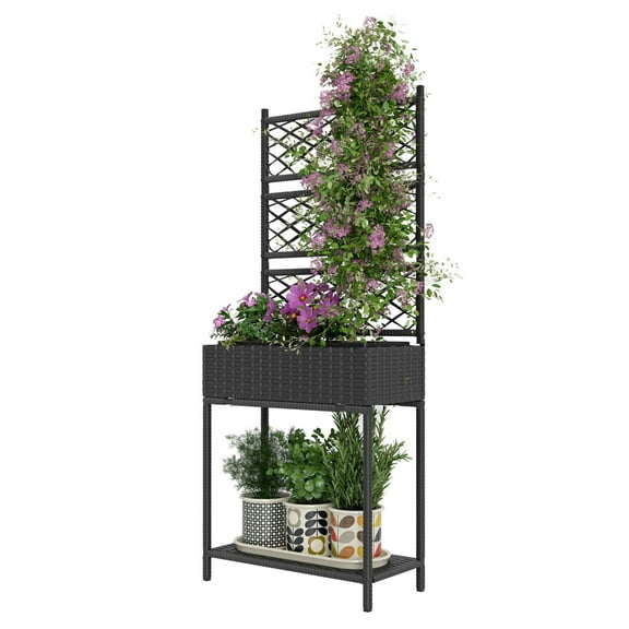 KWUXIN Outdoor Wicker Planter with Trellis for Climbing Plants, Freestanding Rattan Garden Box with Storage Shelf, Black