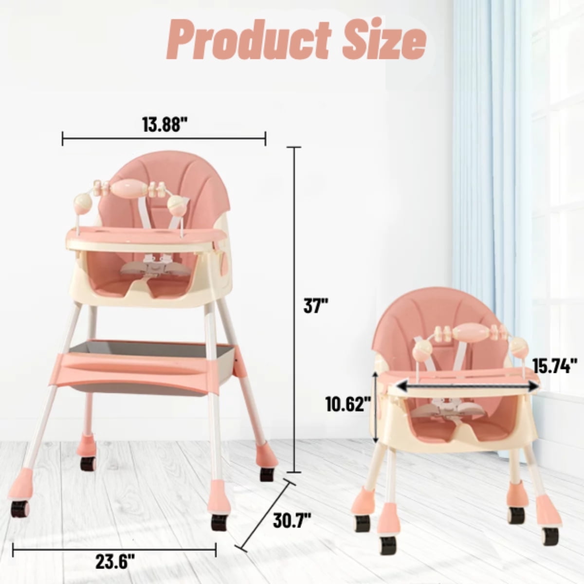 JieC Portable Baby High Chair for Infants & Toddlers with 5 Point Harness,Foldable Dining Feeding Chair with Double Dining Plate & Toy Rack,Pink