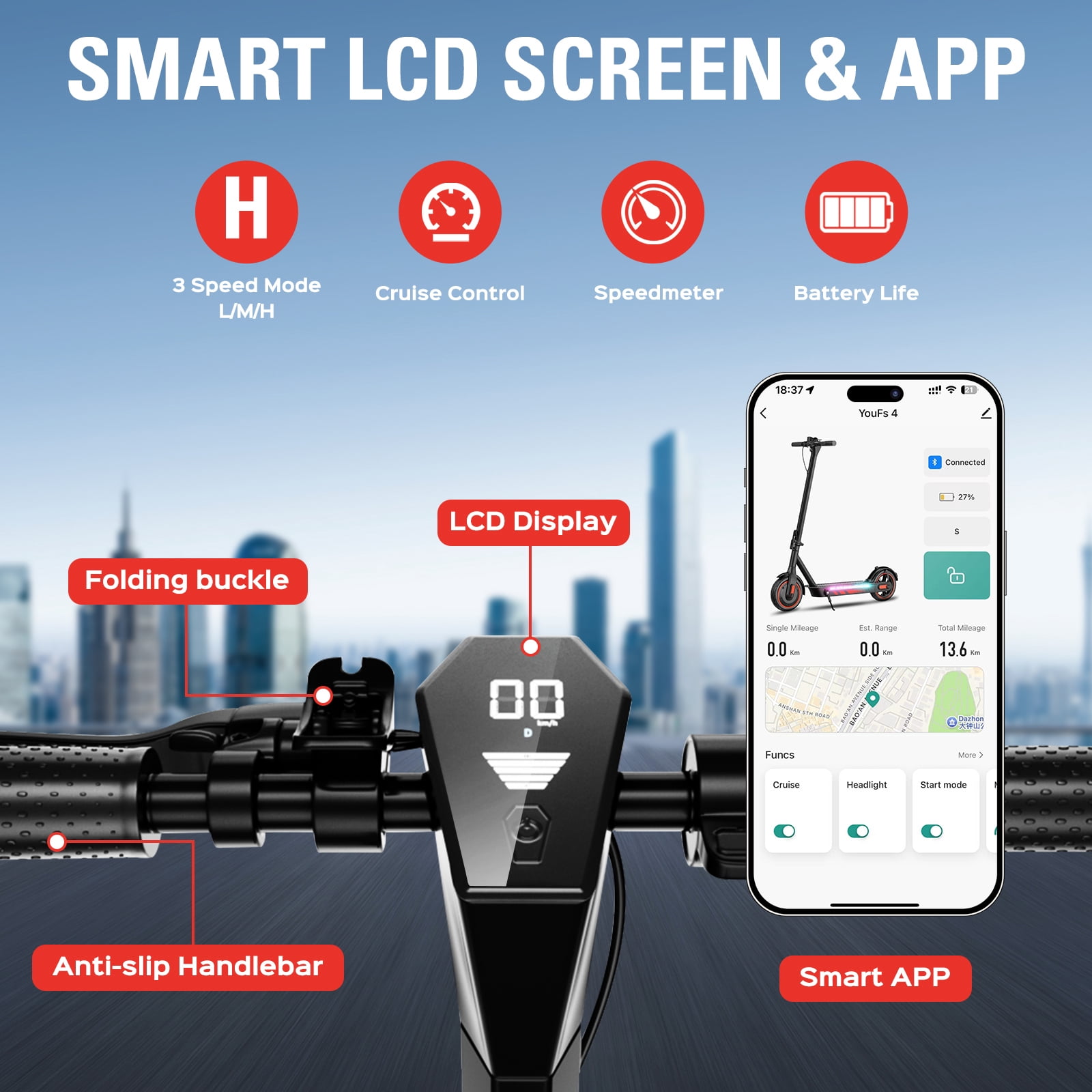 600W Electric Scooter for Adults, Up to 25MPH and 22-30Miles Long-Range, 10'' Air Tires, Foldable Commuting Escooter with Double Braking System and App Red